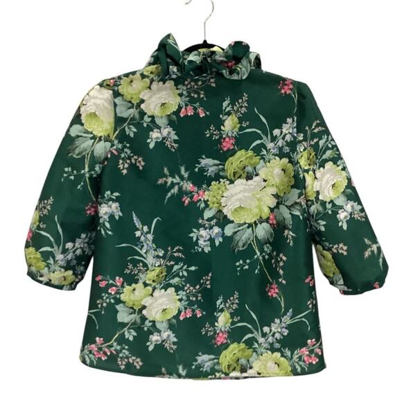 Tuckernuck Bouvier Blouse Green Floral Ruffle Collar Blouson Sleeves Size XS - Picture 9 of 12